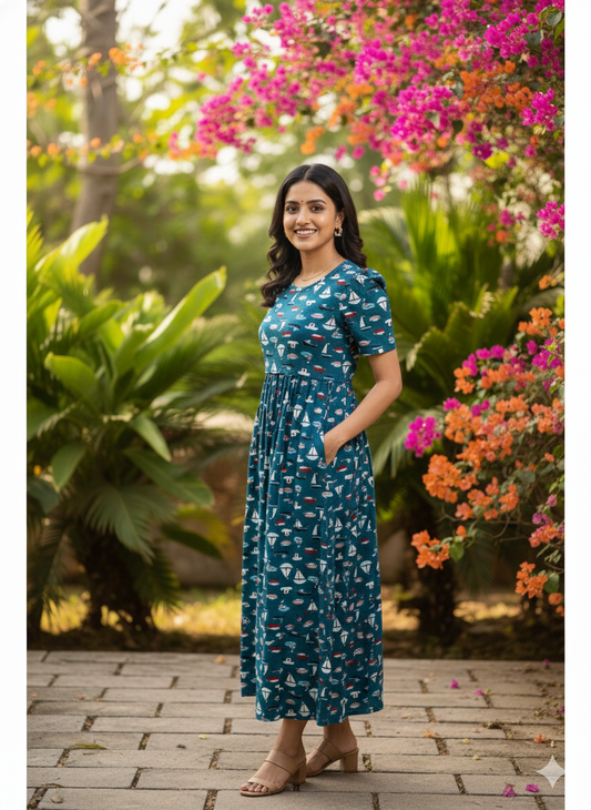 Zipless Feeding Maternity Gown N bLue Ship   - Puff sleeve 52 inches