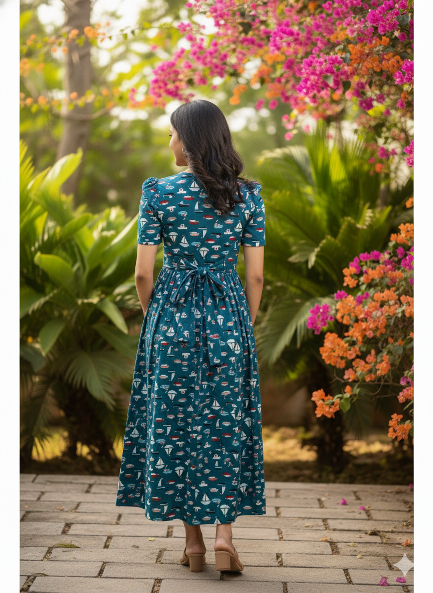 Zipless Feeding Maternity Gown N bLue Ship   - Puff sleeve 52 inches
