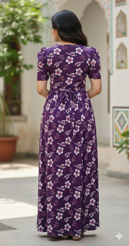 Zipless Feeding Maternity Purple Floral  - Puff sleeve 52 inches