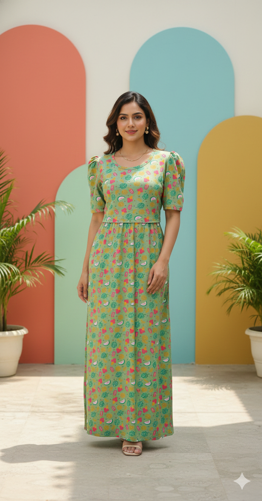 Zipless Feeding Maternity Gown Green Cream  - Puff sleeve 52 inches
