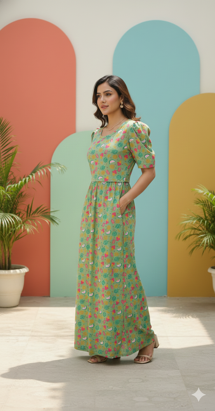 Zipless Feeding Maternity Gown Green Cream  - Puff sleeve 52 inches