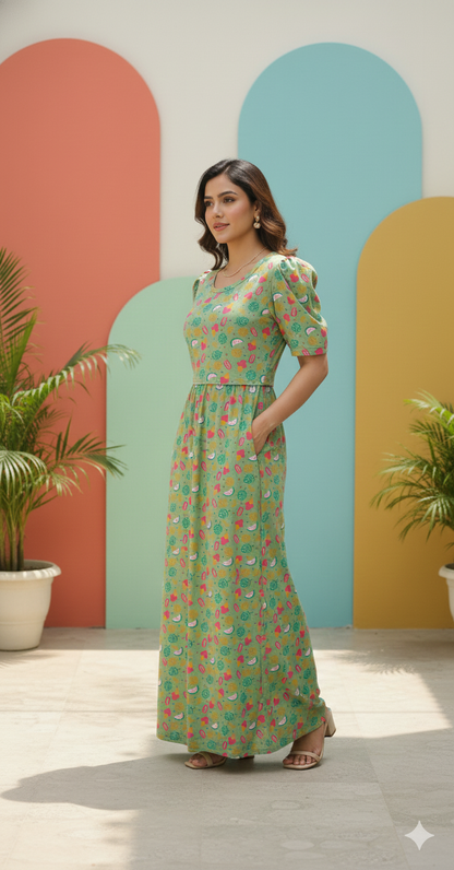 Zipless Feeding Maternity Gown Green Cream  - Puff sleeve 52 inches