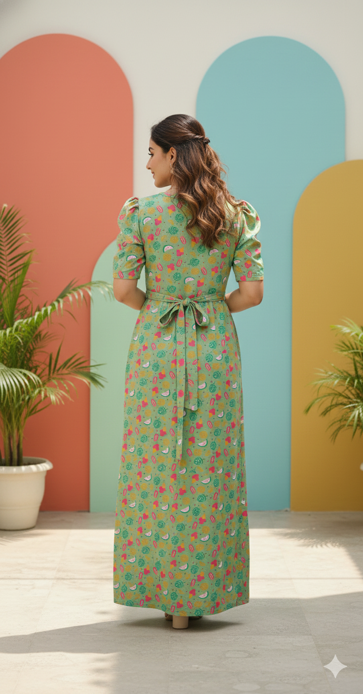 Zipless Feeding Maternity Gown Green Cream  - Puff sleeve 52 inches