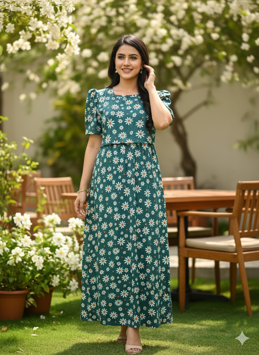 Zipless feeding wear with puff 52 inches D Green Floral