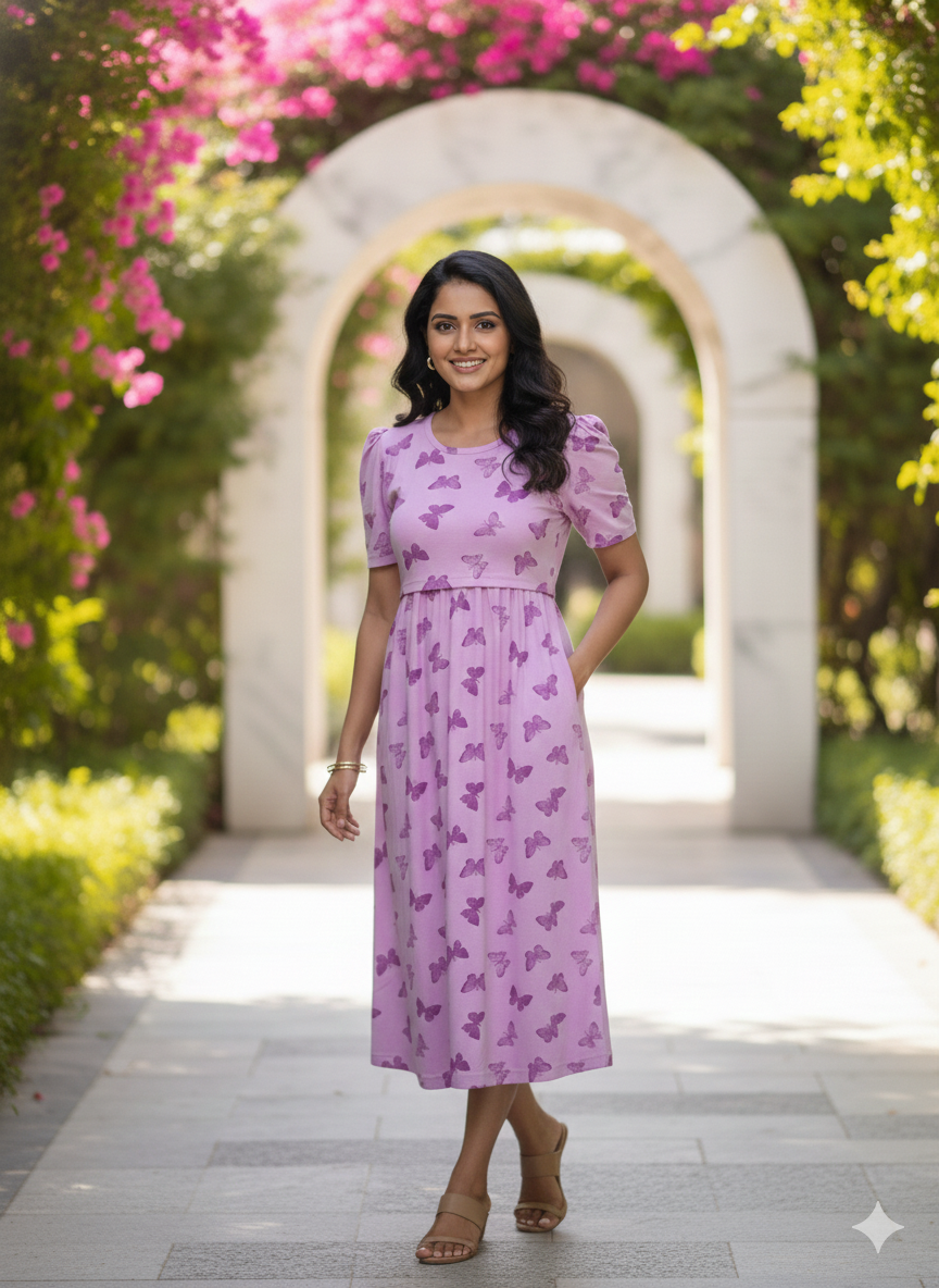 Zipless Maternity Wear with puff Sleeve Purple B