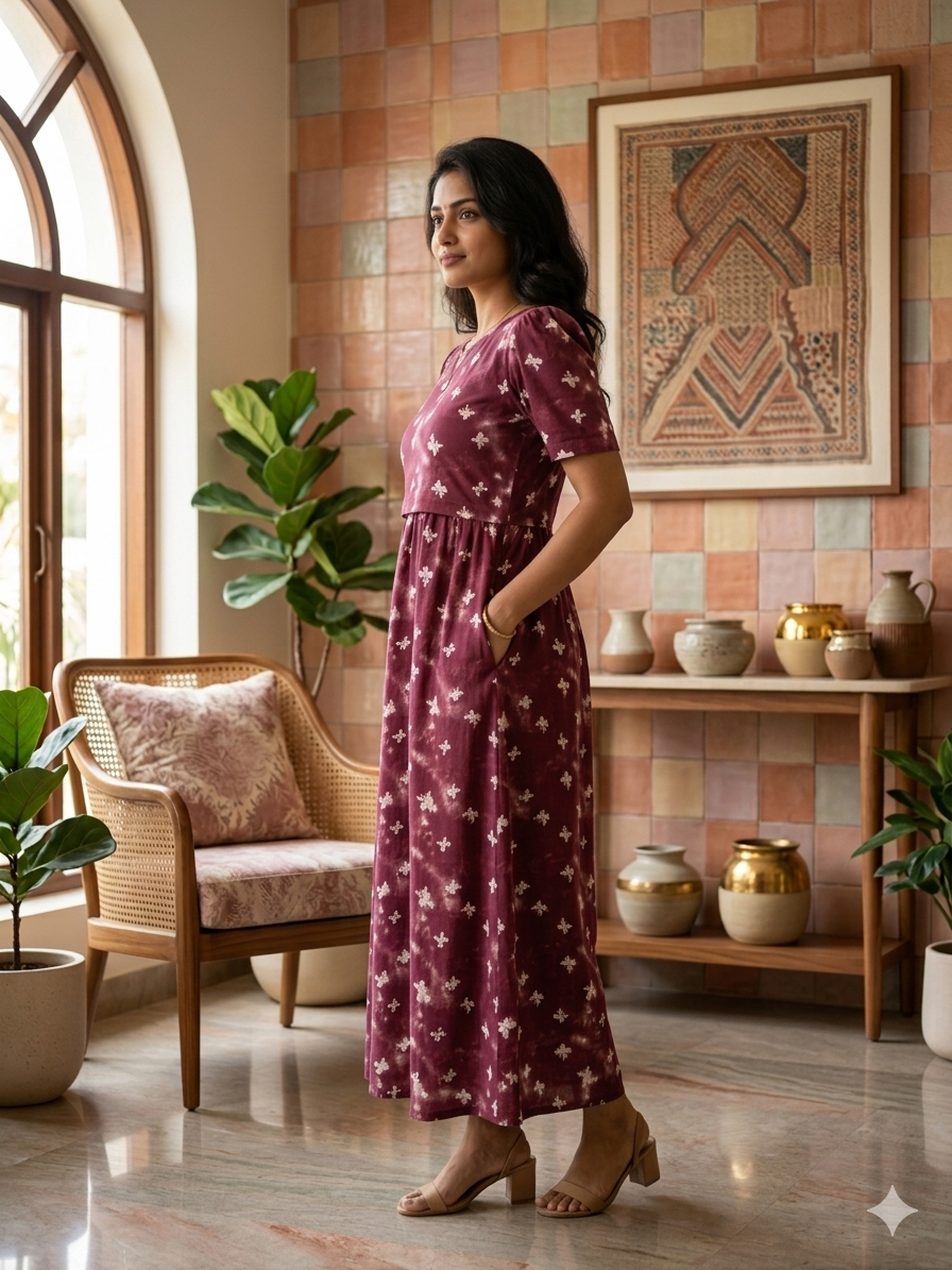 Zipless Feeding Maternity Wear with Puff Sleeve Brown Butterfly
