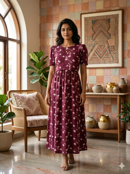 Zipless Feeding Maternity Wear with Puff Sleeve Brown Butterfly