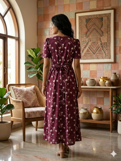 Zipless Feeding Maternity Wear with Puff Sleeve Brown Butterfly