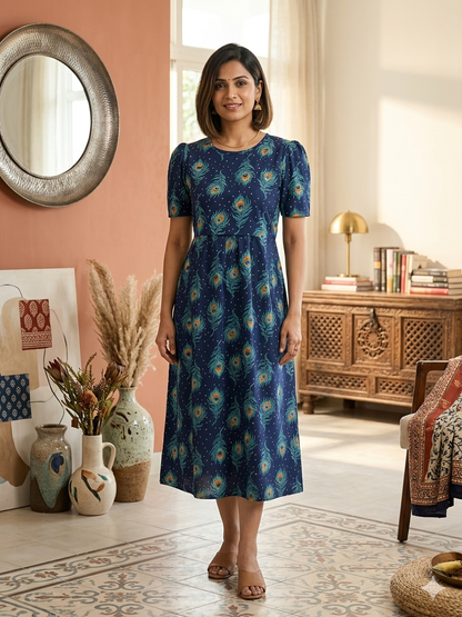 Capri Feeding Wear with Puff Sleeve Navy feather