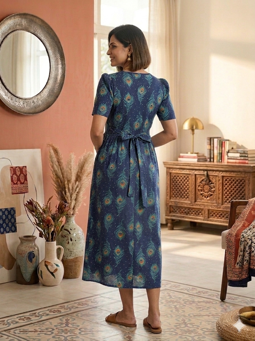 Capri Feeding Wear with Puff Sleeve Navy feather