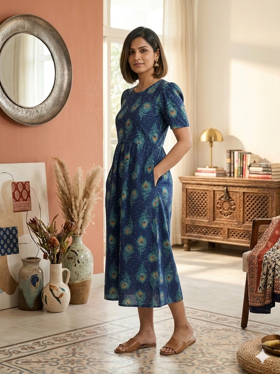 Capri Feeding Wear with Puff Sleeve Navy feather