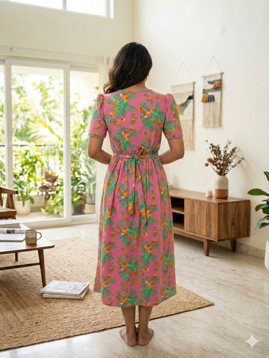 Capri Feeding Wear with Puff Sleeve Royal Pink Floral