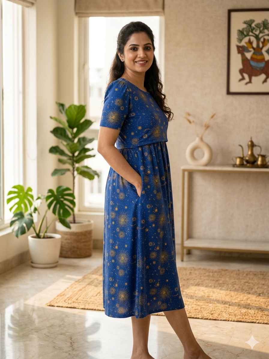 Capri Feeding Wear with Puff Sleeve Deep Blue Star light