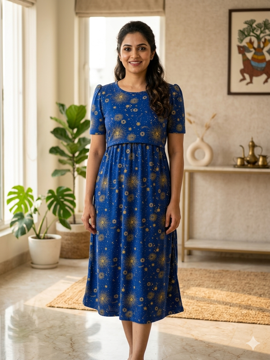 Capri Feeding Wear with Puff Sleeve Deep Blue Star light
