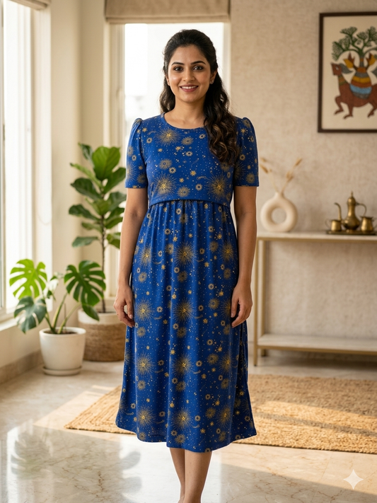 Capri Feeding Wear with Puff Sleeve Deep Blue Star light