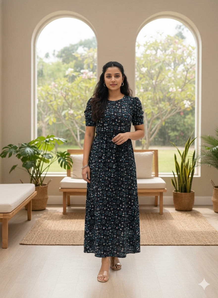 Zipless Feeding Maternity Gown BLACK BUTTERFLY - Puff sleeve 52 inches