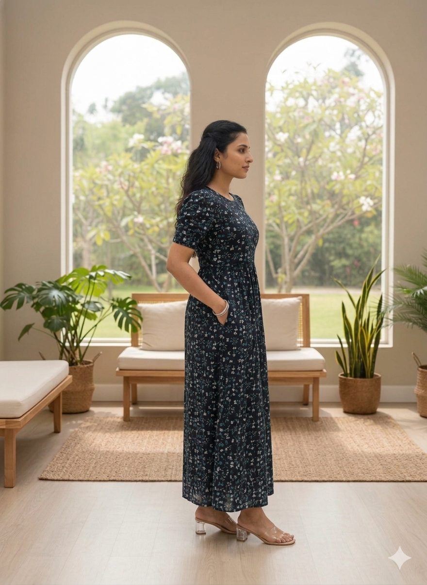 Zipless Feeding Maternity Gown BLACK BUTTERFLY - Puff sleeve 52 inches
