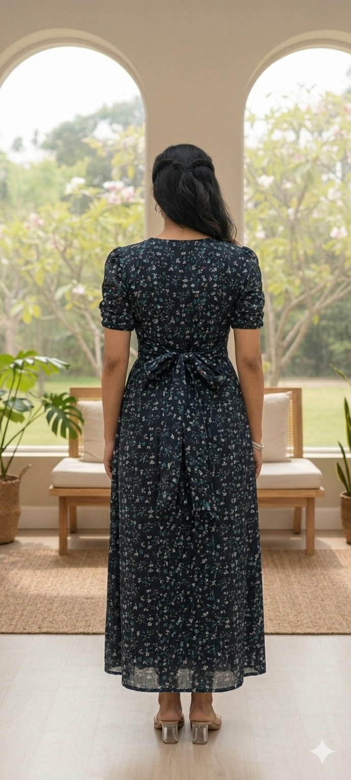 Zipless Feeding Maternity Gown BLACK BUTTERFLY - Puff sleeve 52 inches