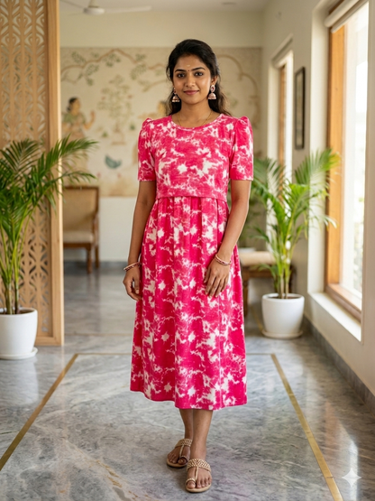 Capri Feeding Wear with Puff Sleeve Pink Dyed