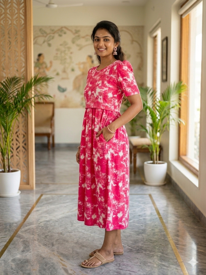 Capri Feeding Wear with Puff Sleeve Pink Dyed