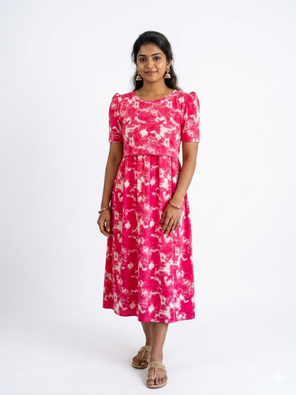 Capri Feeding Wear with Puff Sleeve Pink Dyed