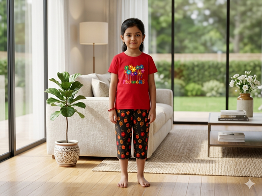 Red Flowers Girls casual capri set