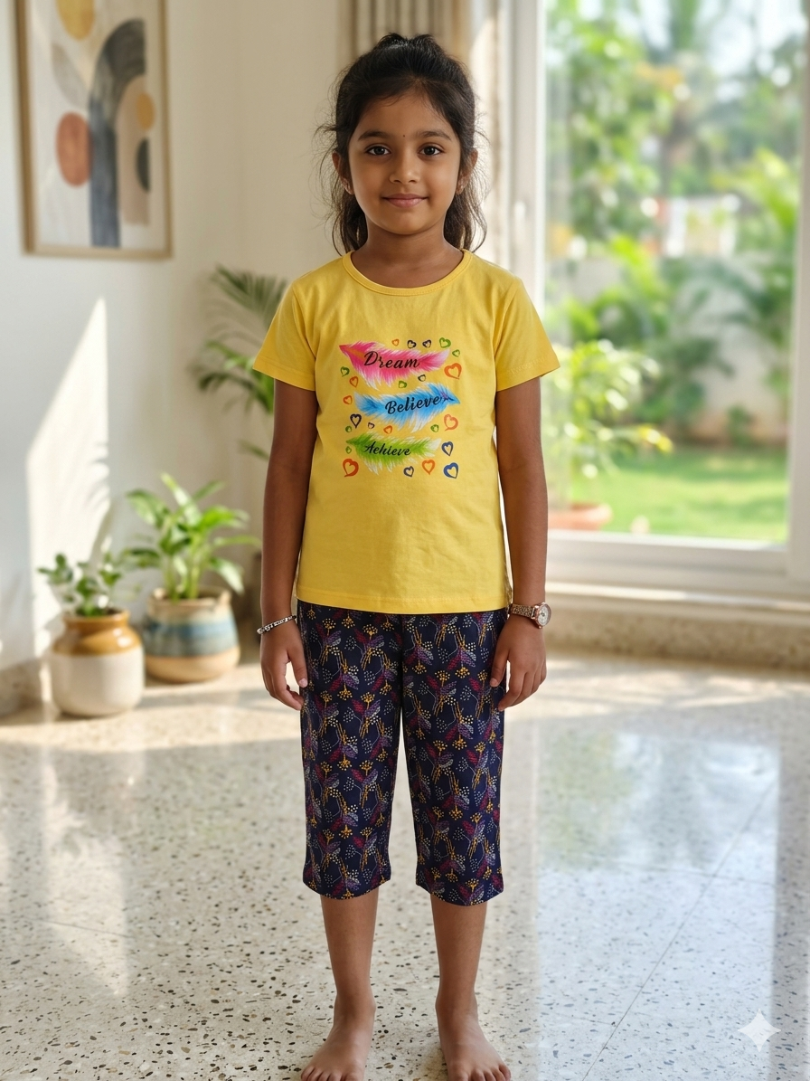 Yellow leaf Girls casual capri set