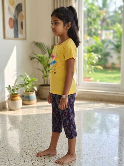 Yellow leaf Girls casual capri set