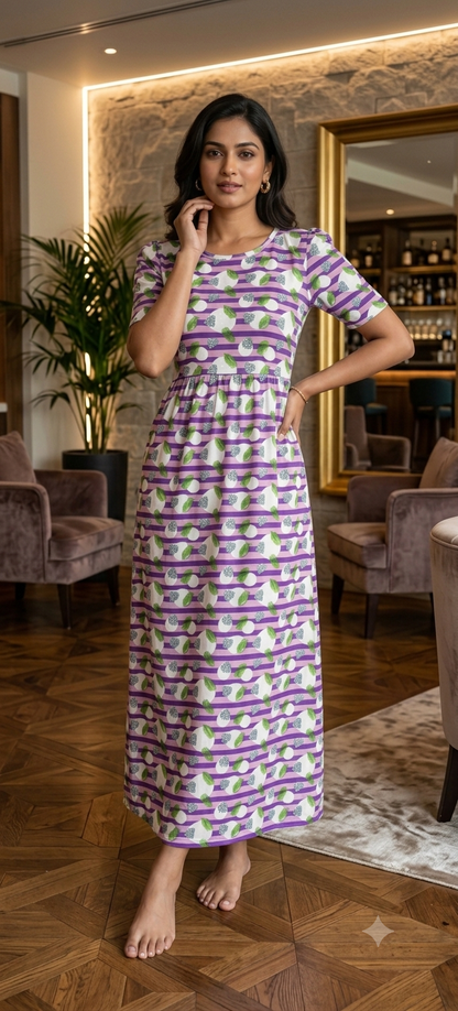 Zipless Feeding Maternity Gown Purple Moon - Puff sleeve 52 inches