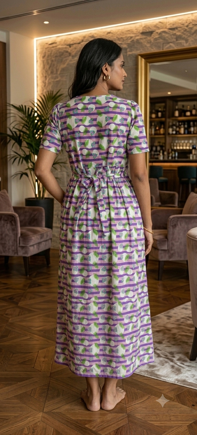 Zipless Feeding Maternity Gown Purple Moon - Puff sleeve 52 inches