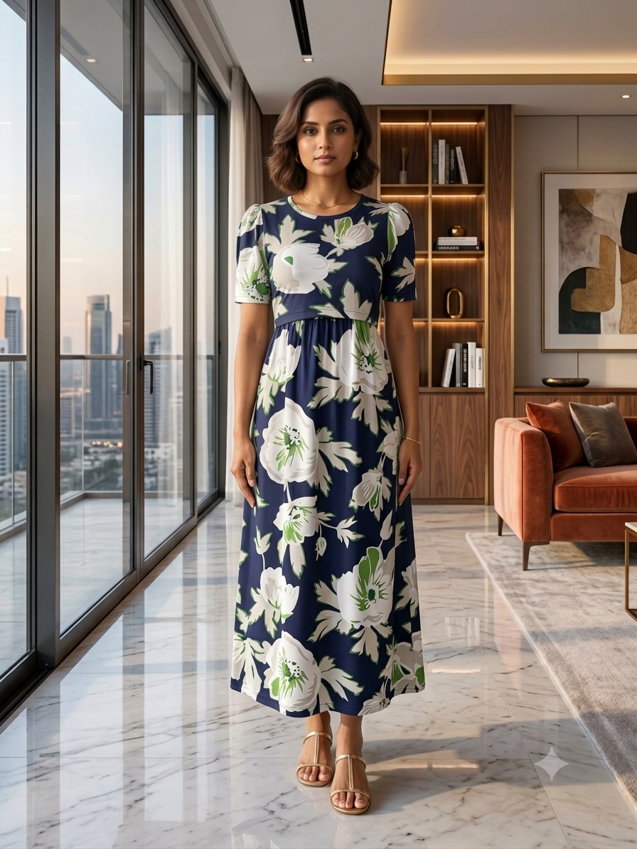Zipless Feeding Maternity Gown Navy Green Floral - Puff sleeve 52 inches