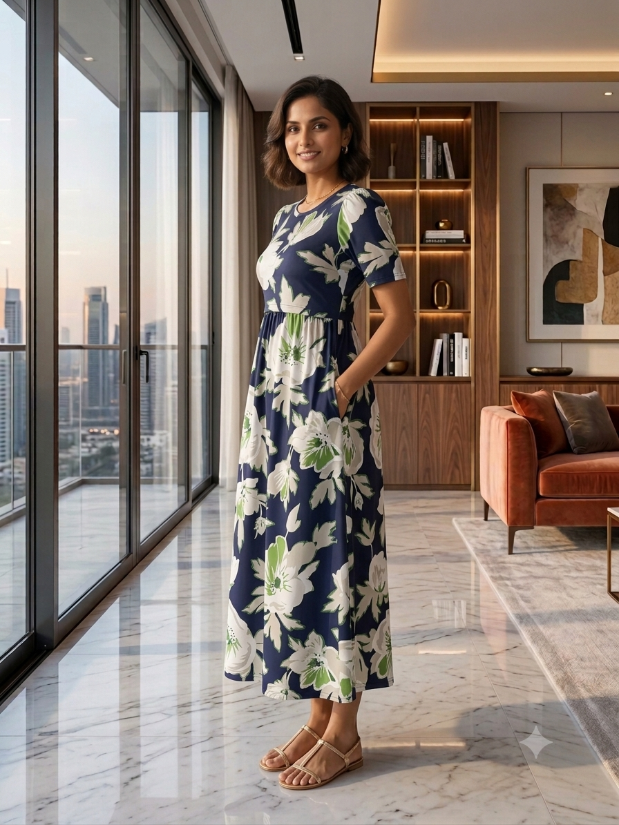 Zipless Feeding Maternity Gown Navy Green Floral - Puff sleeve 52 inches