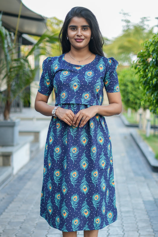Capri Feeding Wear with Puff Sleeve Navy feather