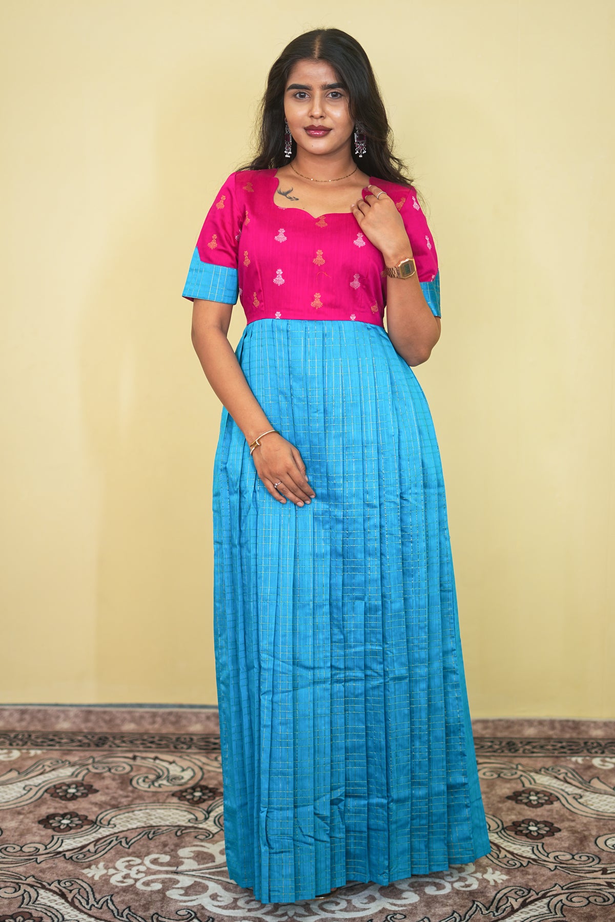 Pink and Sky Blue Dual Tone Pleated Maxi Dress |  E - 010