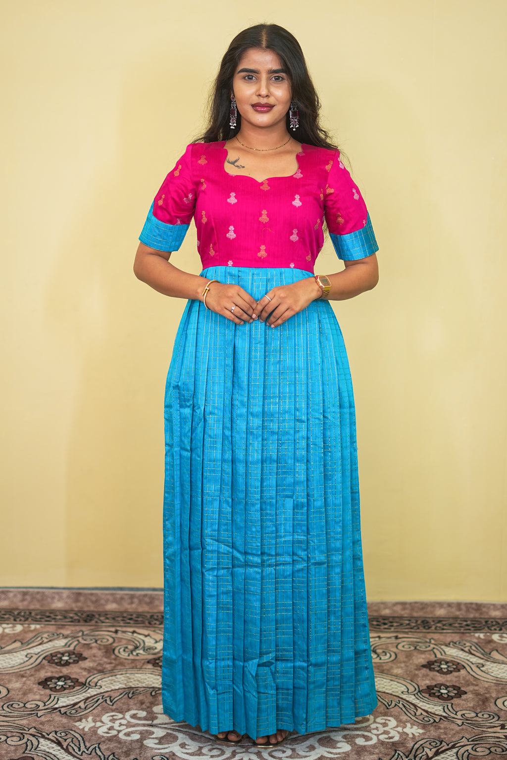 Pink and Sky Blue Dual Tone Pleated Maxi Dress |  E - 010
