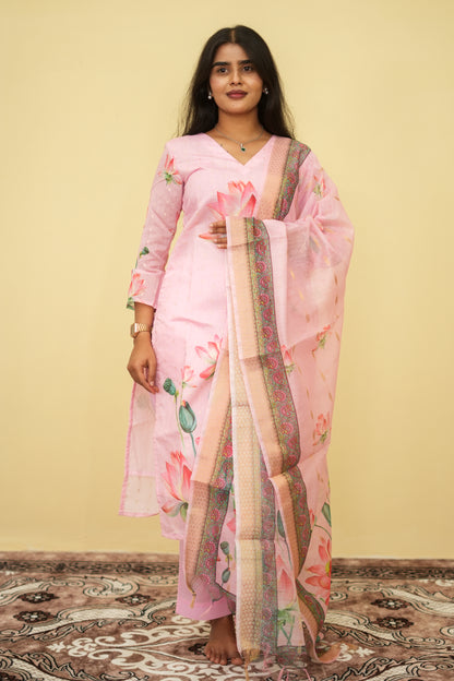 Lotus Blush Petals Floral Ethnic - 3 pcs Kurta Set | G - 015