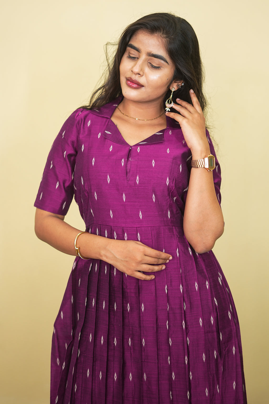 Magenta Silk Blend Long Pleated Gown with Zari Butta Weave Maxi dress | E - 008