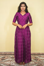 Magenta Silk Blend Long Pleated Gown with Zari Butta Weave Maxi dress | E - 008