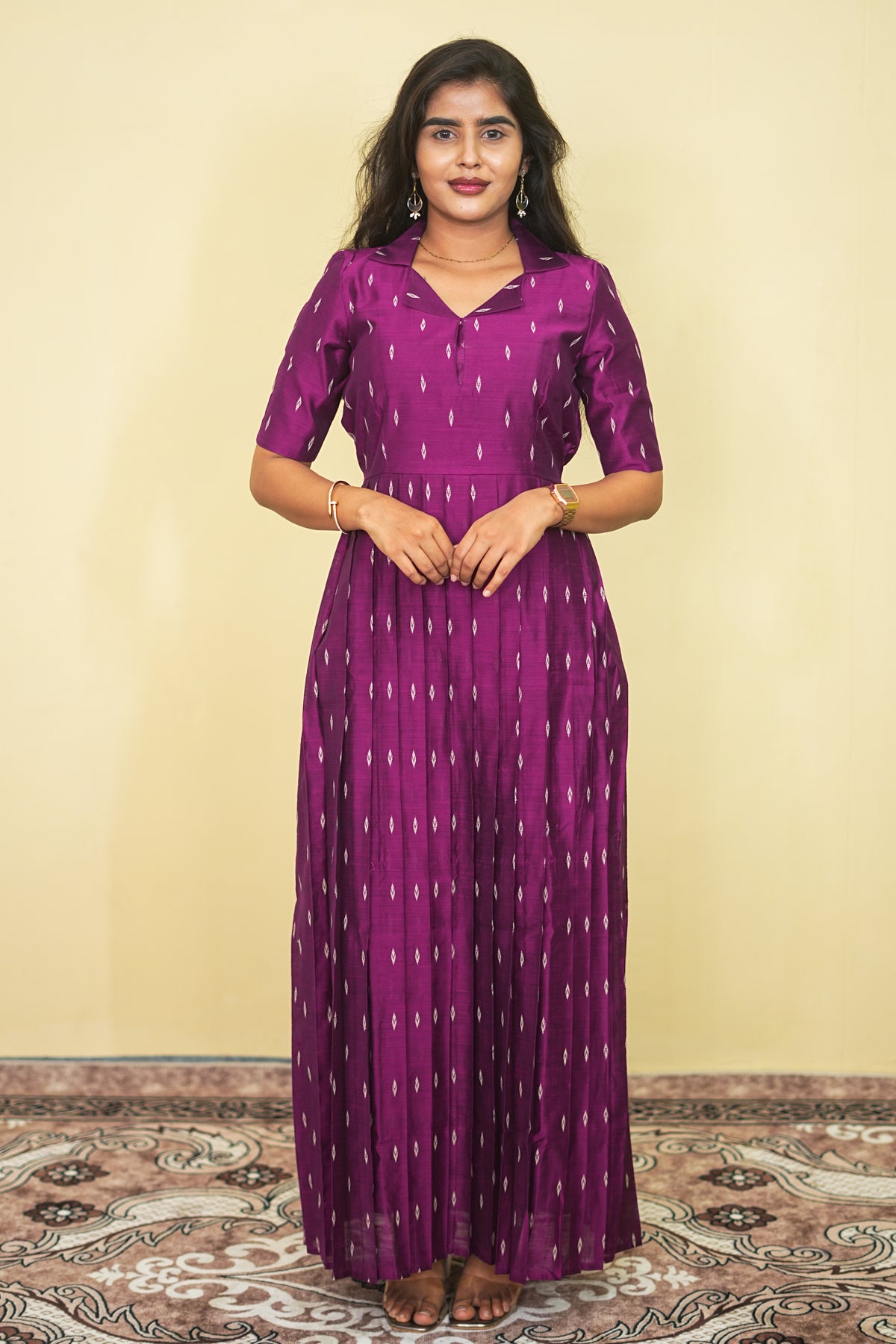 Magenta Silk Blend Long Pleated Gown with Zari Butta Weave Maxi dress | E - 008