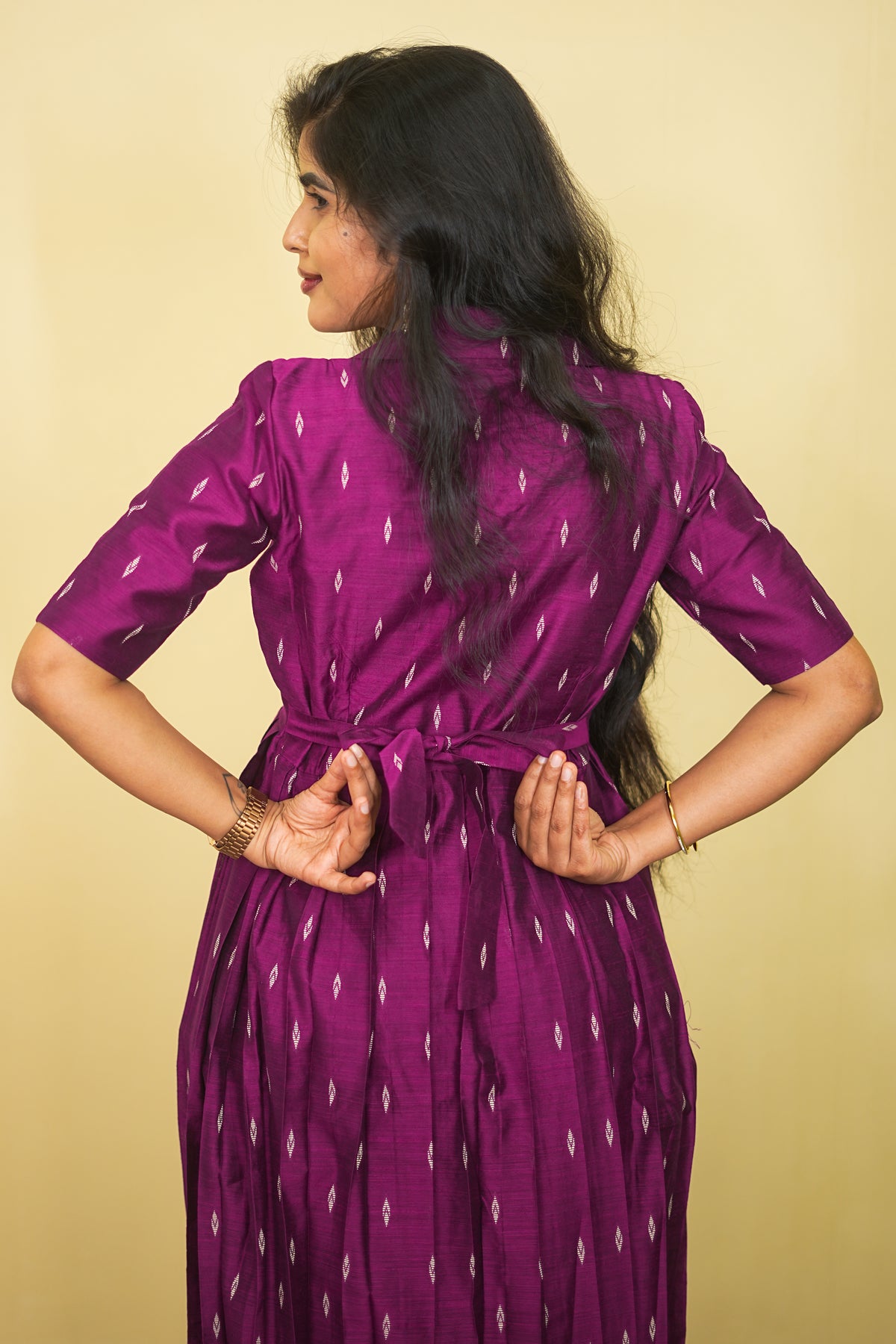 Magenta Silk Blend Long Pleated Gown with Zari Butta Weave Maxi dress | E - 008