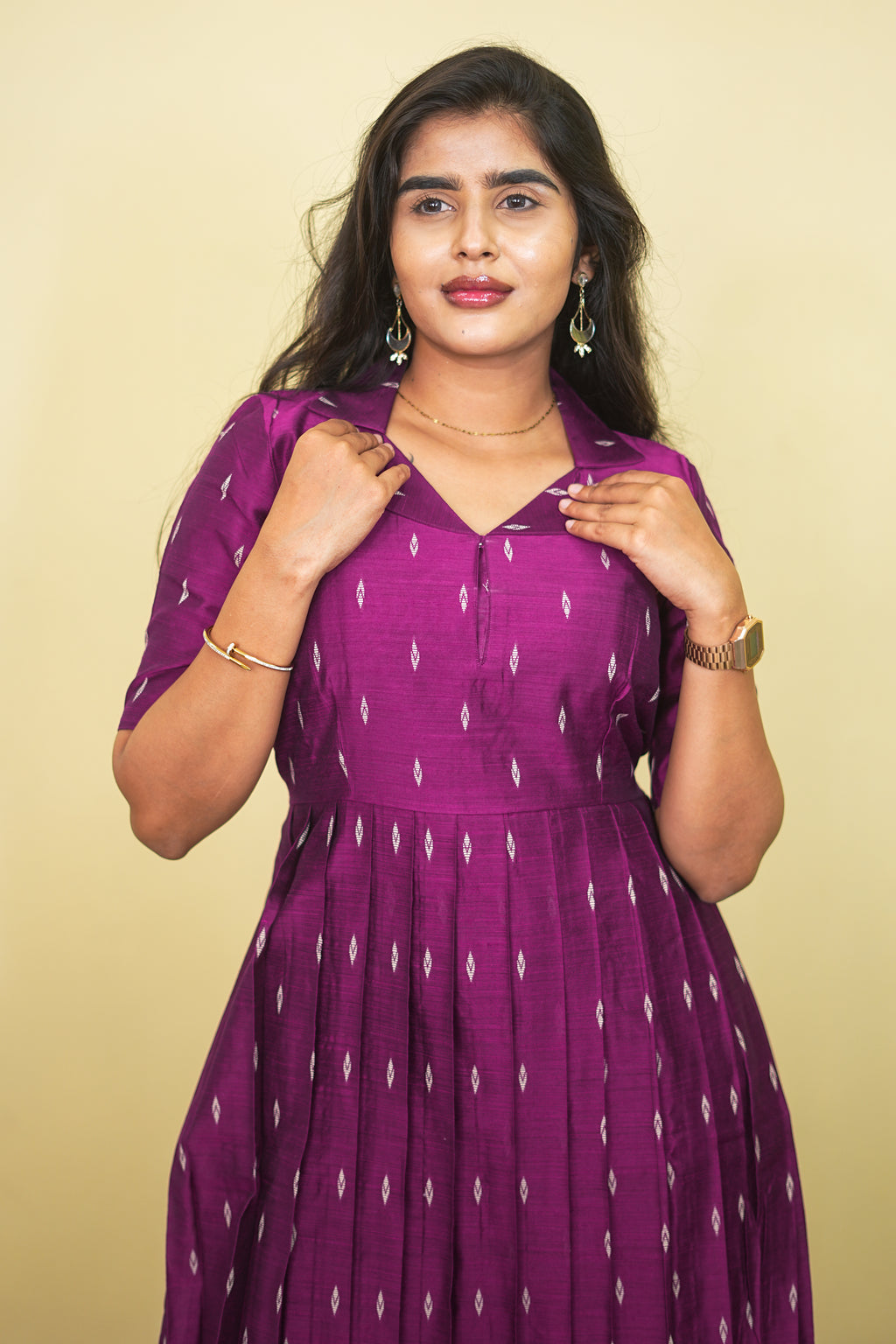 Magenta Silk Blend Long Pleated Gown with Zari Butta Weave Maxi dress | E - 008