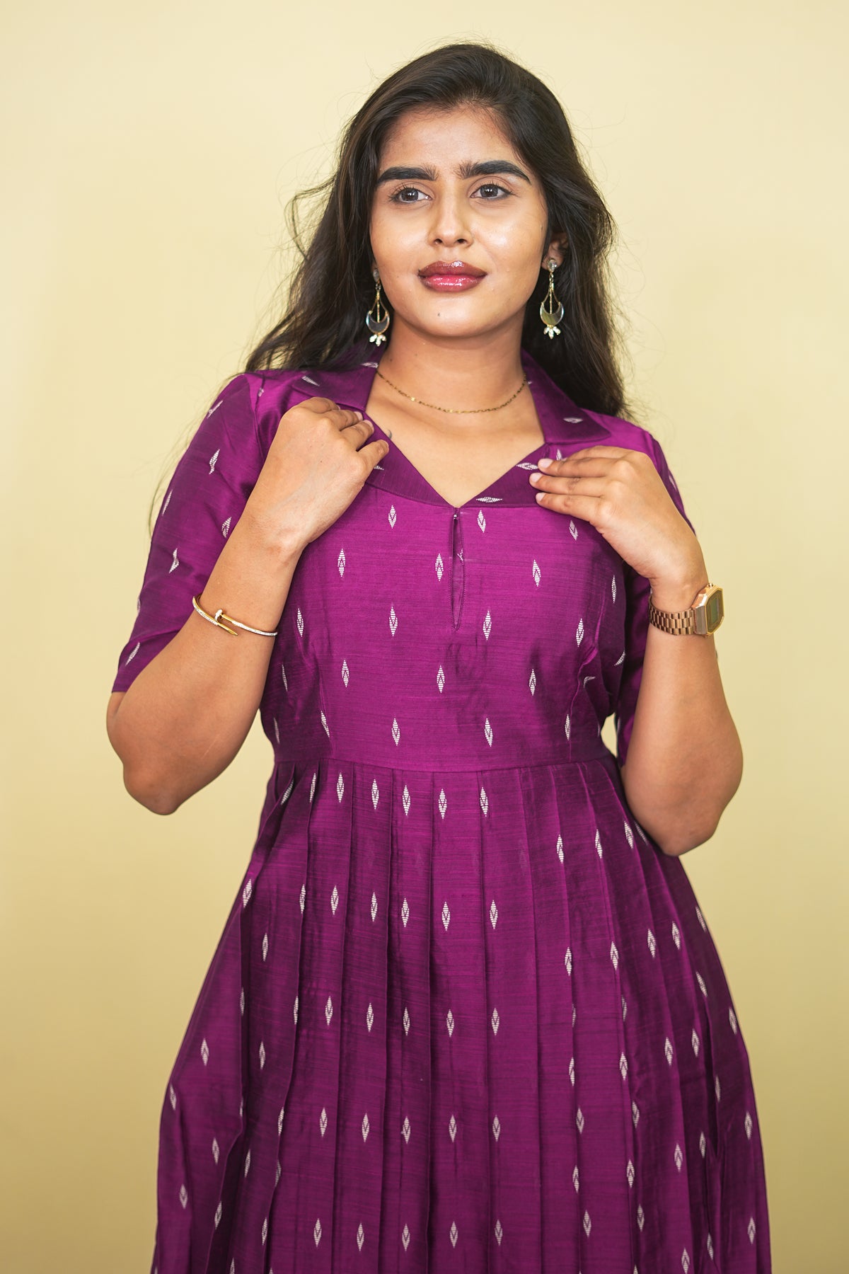 Magenta Silk Blend Long Pleated Gown with Zari Butta Weave Maxi dress | E - 008