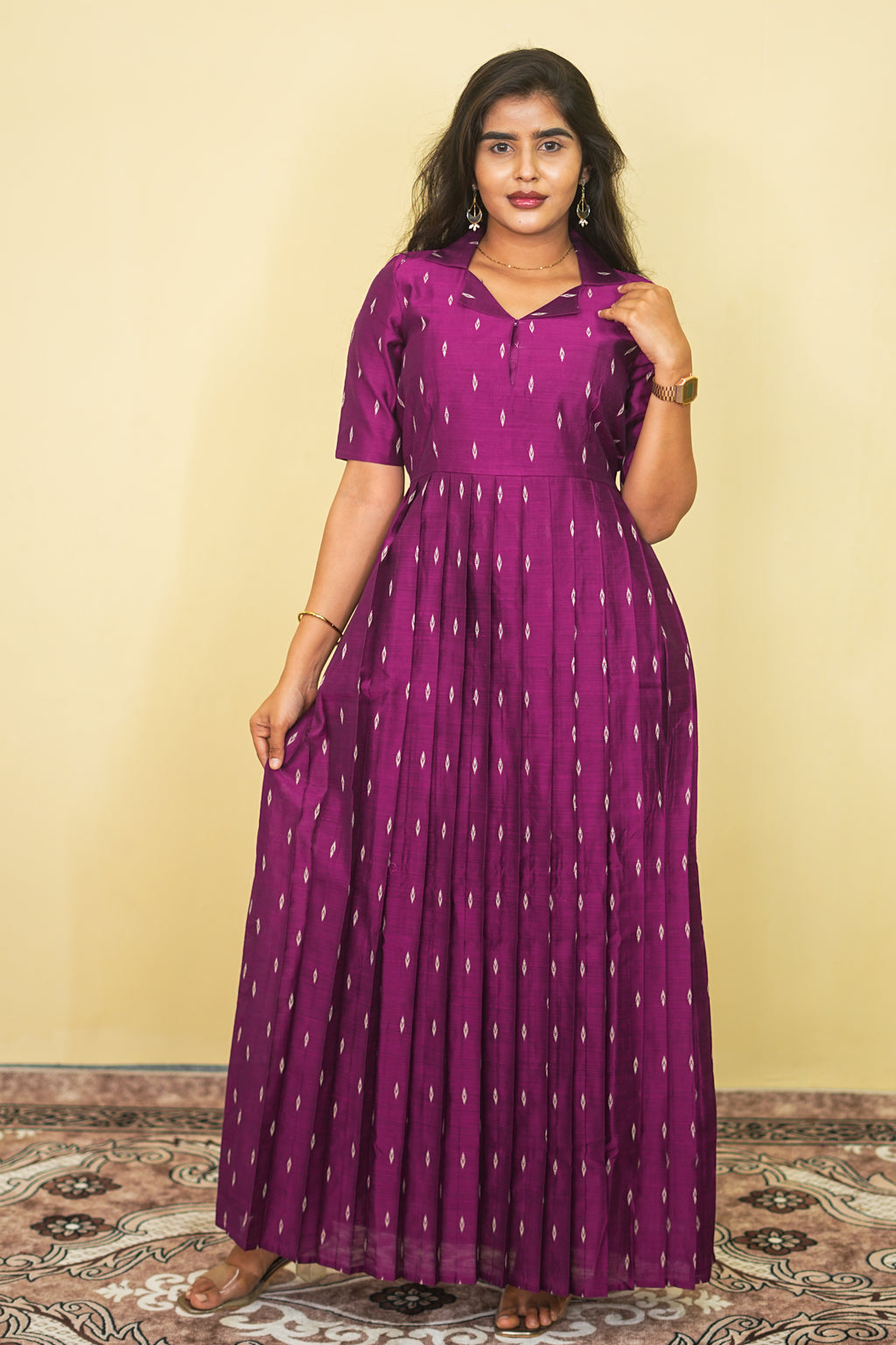 Magenta Silk Blend Long Pleated Gown with Zari Butta Weave Maxi dress | E - 008