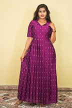 Magenta Silk Blend Long Pleated Gown with Zari Butta Weave Maxi dress | E - 008