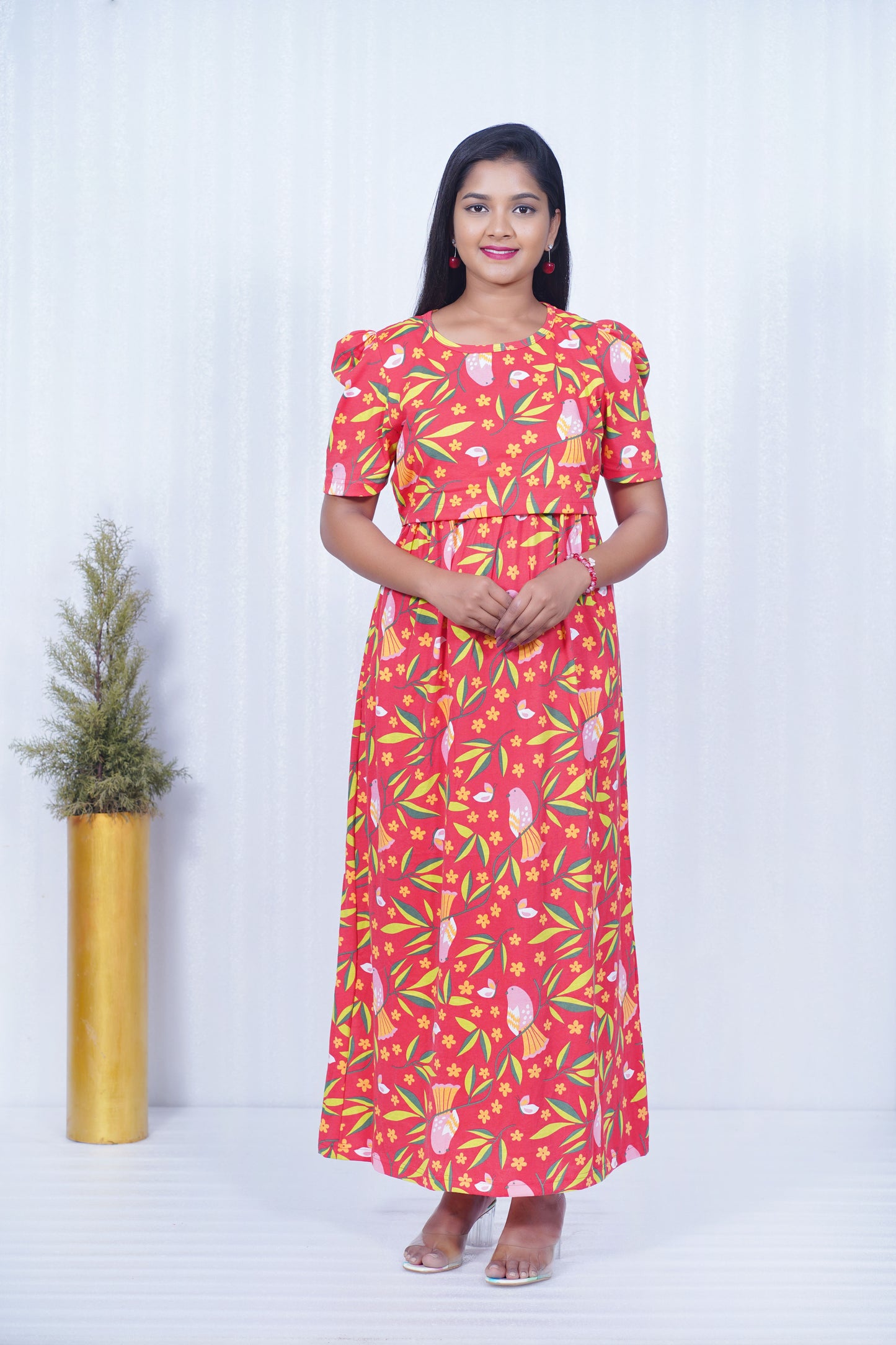 Zipless Feeding Maternity Gown Red Leaf- Puff sleeve 52 inches