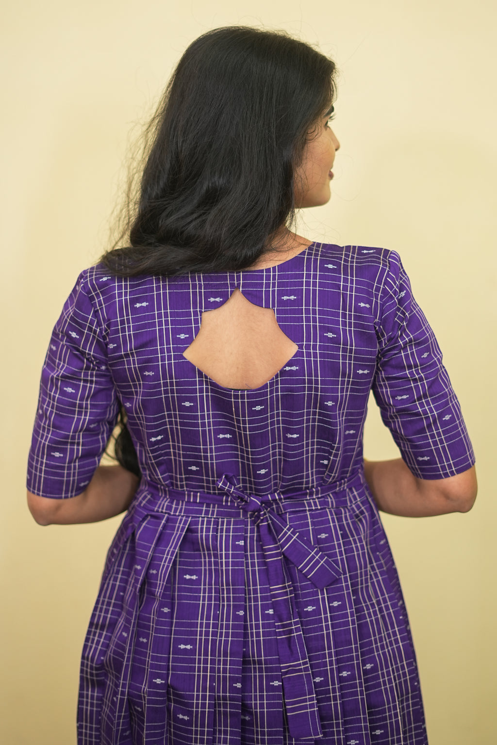 Deep Purple Checkered Box Pleated Maxi Dress | E - 009