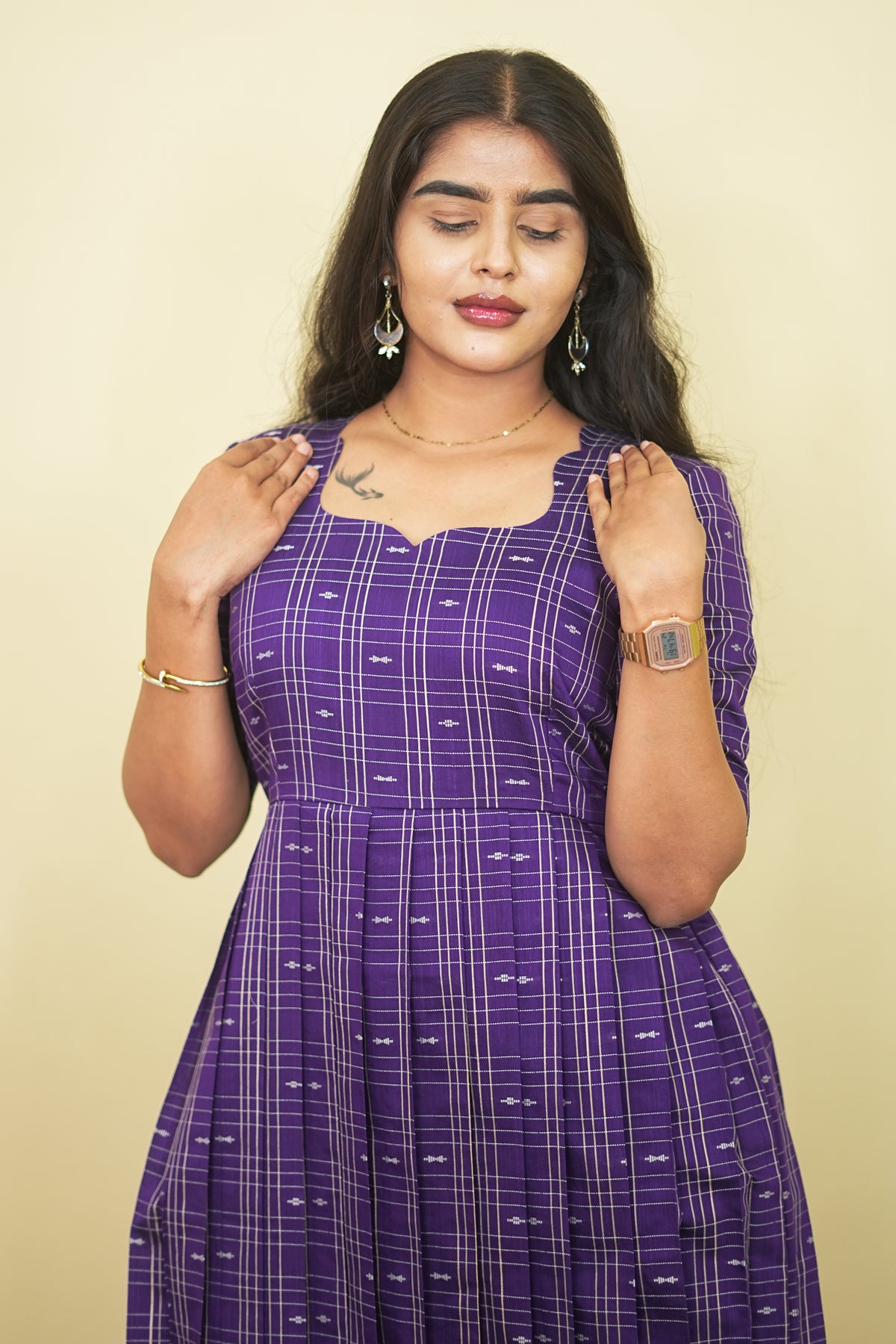 Deep Purple Checkered Box Pleated Maxi Dress | E - 009