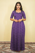 Deep Purple Checkered Box Pleated Maxi Dress | E - 009