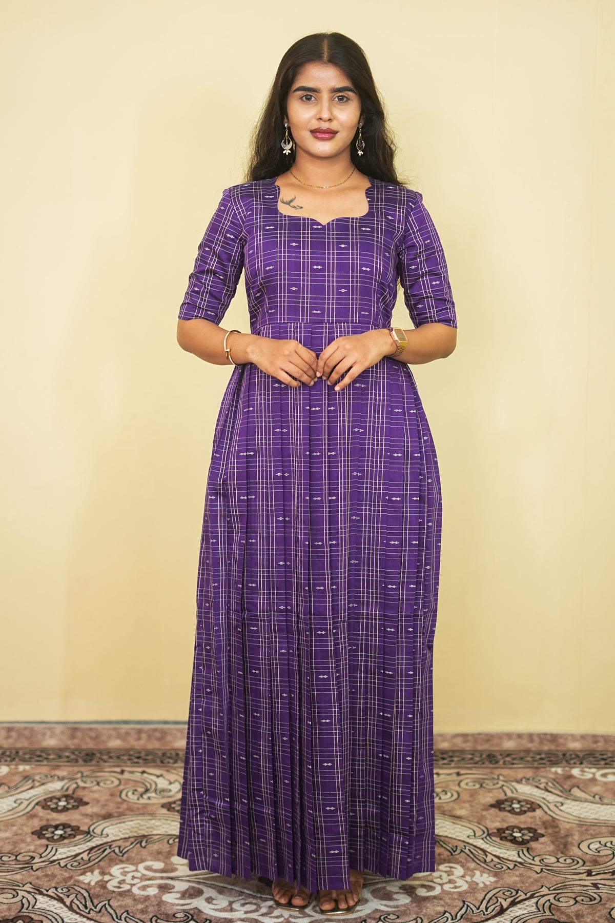 Deep Purple Checkered Box Pleated Maxi Dress | E - 009
