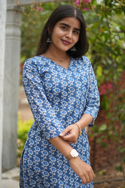 Blue Blossom Printed Straight Kurti Top | LCTB035